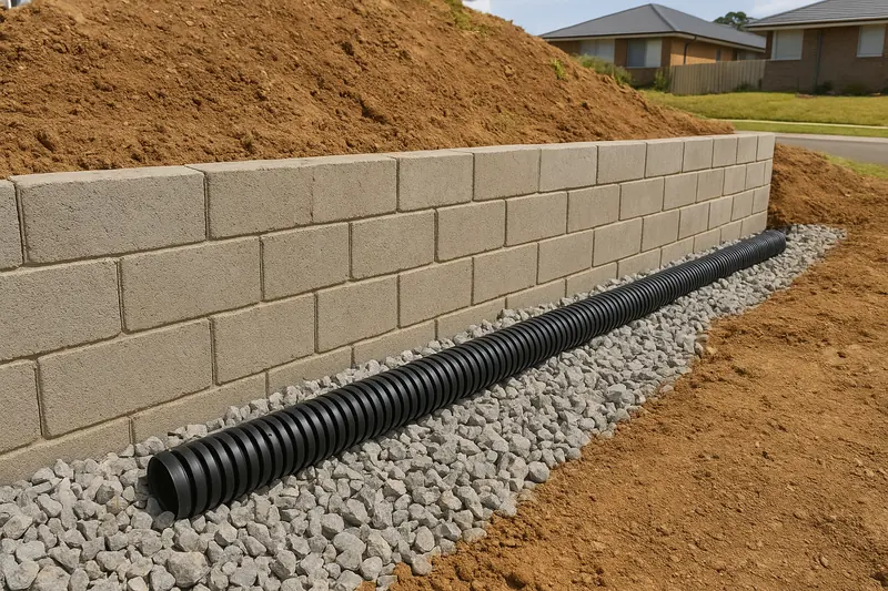 A black corrugated drainage pipe laid in gravel along the foot of a block retaining wall, with a bank of soil above it — retaining wall drainage, Gosford and the Central Coast. Illustrative example.