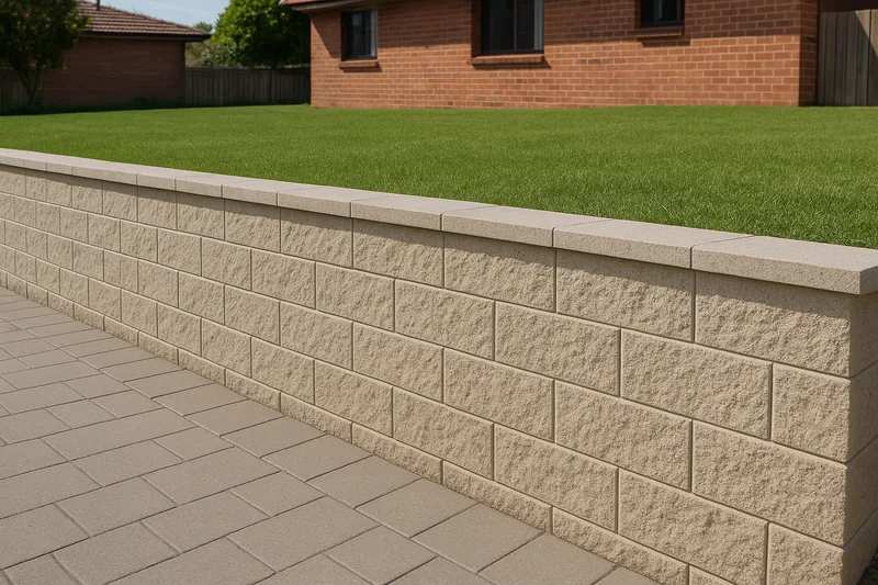 A finished rendered masonry block retaining wall with a level lawn above it and a paved path below — block and masonry retaining wall, Gosford and the Central Coast. Illustrative example.
