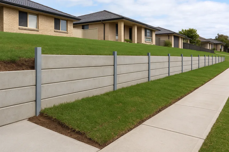 A finished concrete sleeper retaining wall stepping up a sloping lot in two tiers, with lawn above — concrete sleeper retaining wall, Gosford and the Central Coast. Illustrative example.