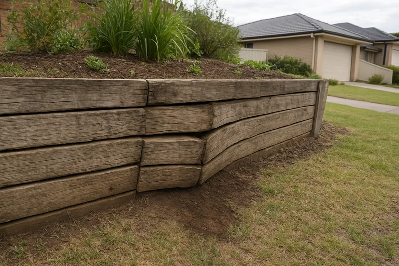 A weathered timber sleeper retaining wall with bowed, stepped sleepers and soil spilling onto the lawn at its foot — retaining wall replacement, Gosford and the Central Coast. Illustrative example.